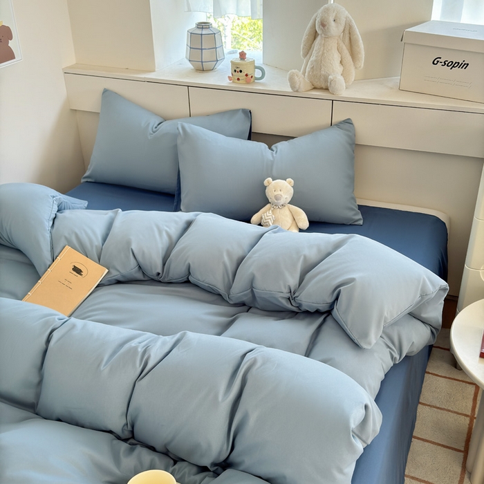91家纺网 家纺一手货源 找家纺 可可家纺 2025新款ins风纯色磨毛简约水洗棉四件套亲肤床单被套三件套 雾霾蓝海蓝