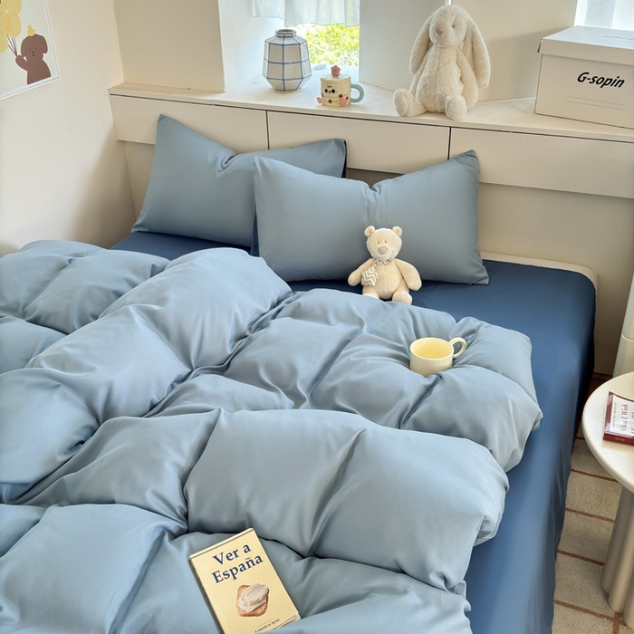 91家纺网 家纺一手货源 找家纺 可可家纺 2025新款ins风纯色磨毛简约水洗棉四件套亲肤床单被套三件套 雾霾蓝海蓝