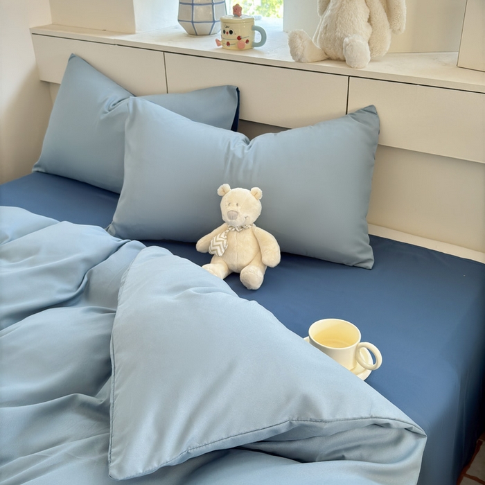 91家纺网 家纺一手货源 找家纺 可可家纺 2025新款ins风纯色磨毛简约水洗棉四件套亲肤床单被套三件套 雾霾蓝海蓝