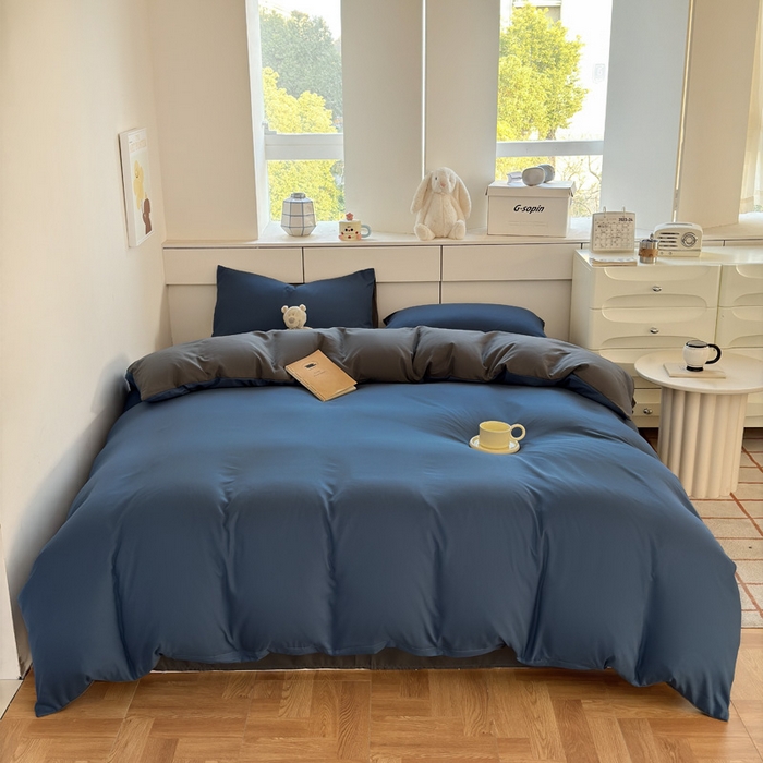91家纺网 家纺一手货源 找家纺 可可家纺 2025新款ins风纯色磨毛简约水洗棉四件套亲肤床单被套三件套 诱惑蓝灰