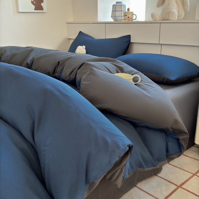 91家纺网 家纺一手货源 找家纺 可可家纺 2025新款ins风纯色磨毛简约水洗棉四件套亲肤床单被套三件套 诱惑蓝灰