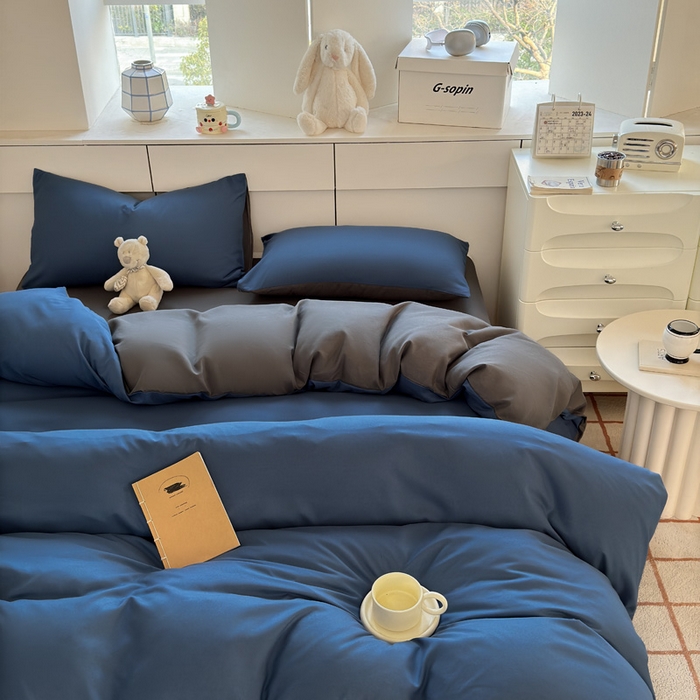 91家纺网 家纺一手货源 找家纺 可可家纺 2025新款ins风纯色磨毛简约水洗棉四件套亲肤床单被套三件套 诱惑蓝灰