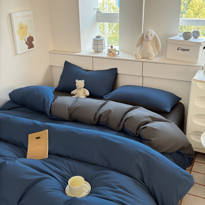 91家纺网 家纺一手货源 找家纺 可可家纺 2025新款ins风纯色磨毛简约水洗棉四件套亲肤床单被套三件套 诱惑蓝灰