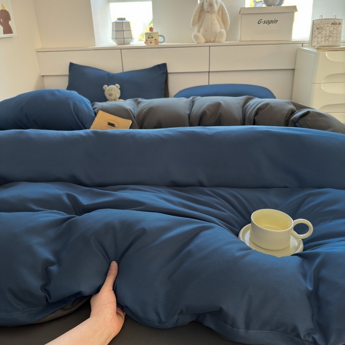 91家纺网 家纺一手货源 找家纺 可可家纺 2025新款ins风纯色磨毛简约水洗棉四件套亲肤床单被套三件套 诱惑蓝灰
