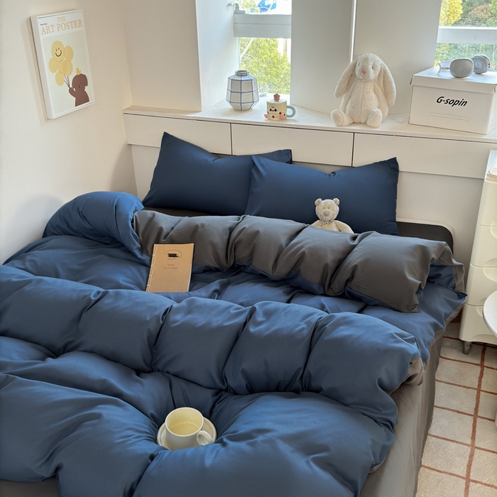 91家纺网 家纺一手货源 找家纺 可可家纺 2025新款ins风纯色磨毛简约水洗棉四件套亲肤床单被套三件套 诱惑蓝灰