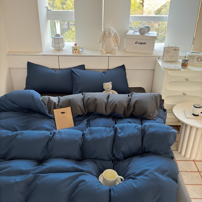 91家纺网 家纺一手货源 找家纺 可可家纺 2025新款ins风纯色磨毛简约水洗棉四件套亲肤床单被套三件套 诱惑蓝灰