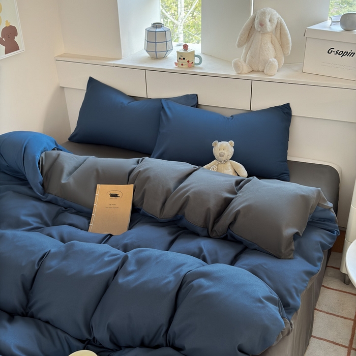 91家纺网 家纺一手货源 找家纺 可可家纺 2025新款ins风纯色磨毛简约水洗棉四件套亲肤床单被套三件套 诱惑蓝灰