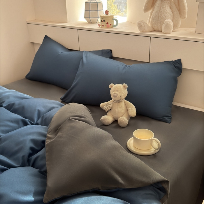 91家纺网 家纺一手货源 找家纺 可可家纺 2025新款ins风纯色磨毛简约水洗棉四件套亲肤床单被套三件套 诱惑蓝灰