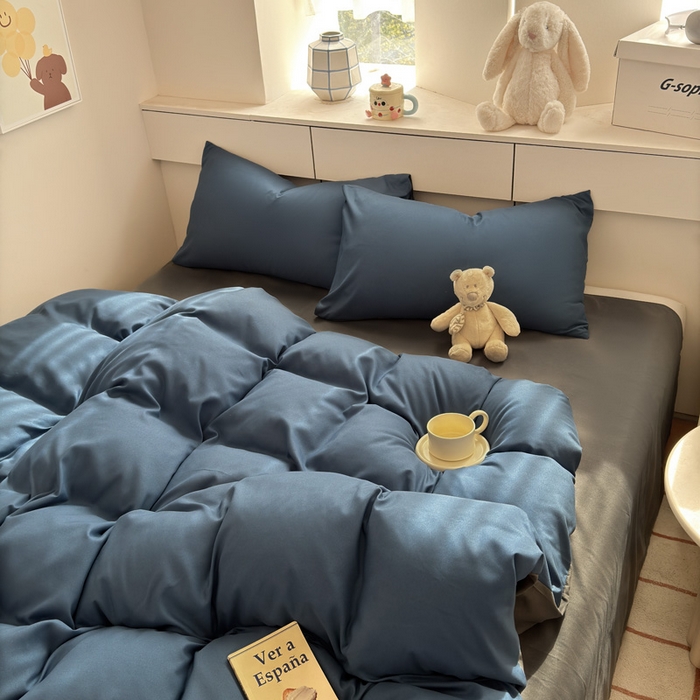 91家纺网 家纺一手货源 找家纺 可可家纺 2025新款ins风纯色磨毛简约水洗棉四件套亲肤床单被套三件套 诱惑蓝灰