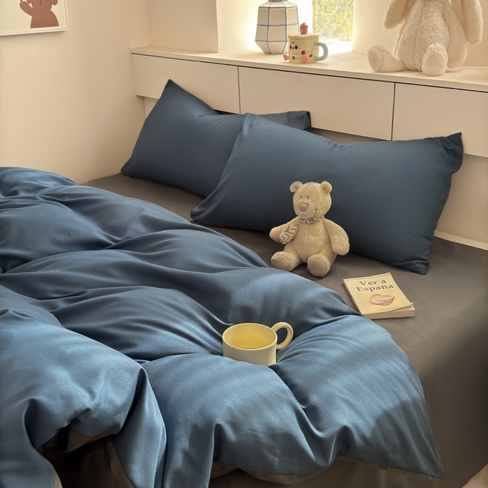 91家纺网 家纺一手货源 找家纺 可可家纺 2025新款ins风纯色磨毛简约水洗棉四件套亲肤床单被套三件套 诱惑蓝灰