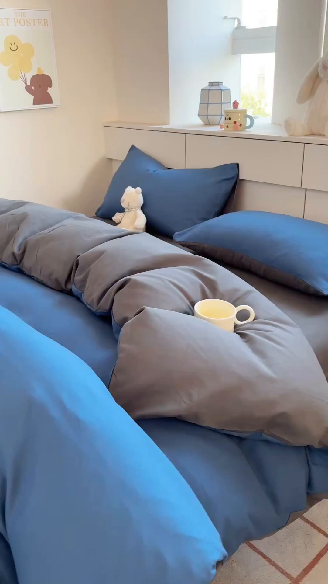 91家纺网 家纺一手货源 找家纺 可可家纺 2025新款ins风纯色磨毛简约水洗棉四件套亲肤床单被套三件套 诱惑蓝灰