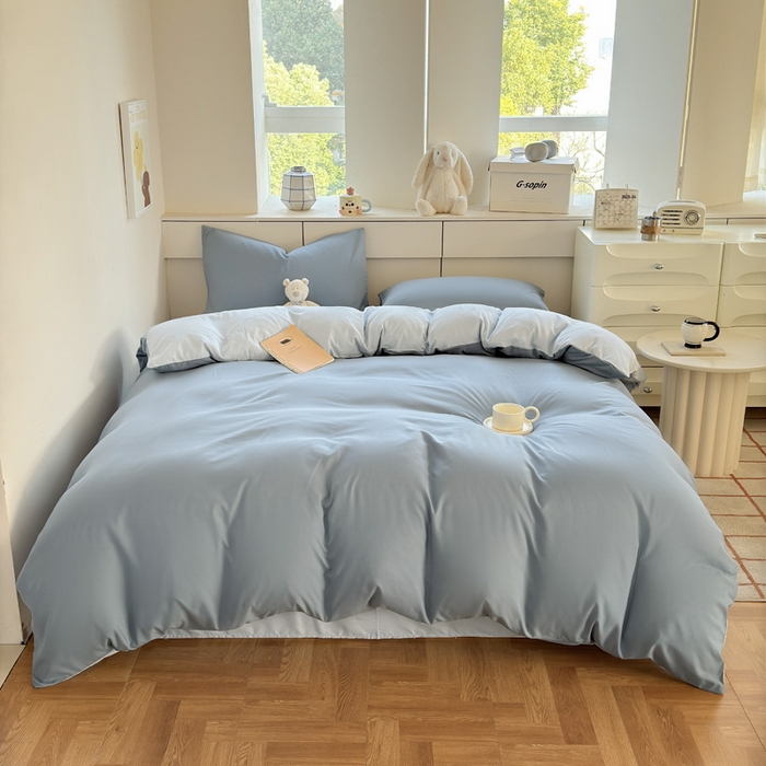 91家纺网 家纺一手货源 找家纺 可可家纺 2025新款ins风纯色磨毛简约水洗棉四件套亲肤床单被套三件套 月光雾蓝