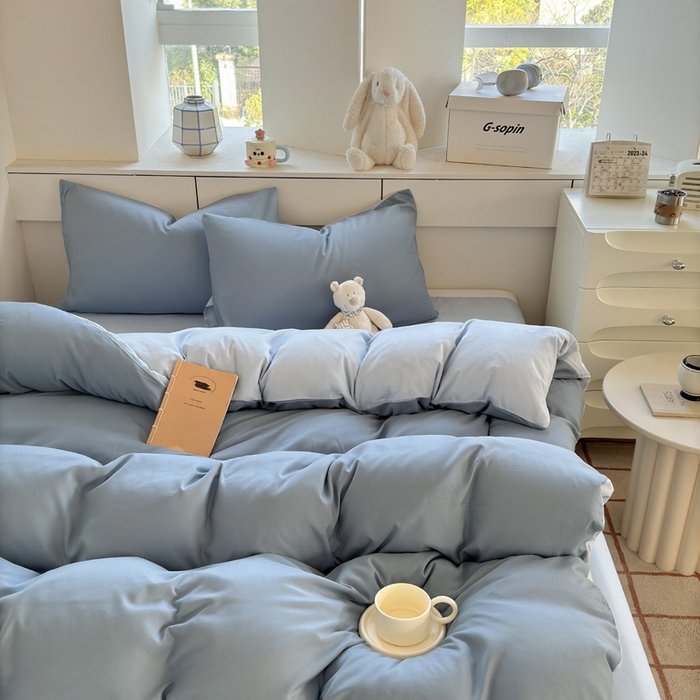 91家纺网 家纺一手货源 找家纺 可可家纺 2025新款ins风纯色磨毛简约水洗棉四件套亲肤床单被套三件套 月光雾蓝