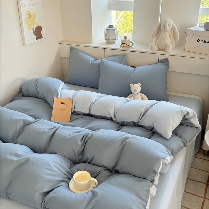 91家纺网 家纺一手货源 找家纺 可可家纺 2025新款ins风纯色磨毛简约水洗棉四件套亲肤床单被套三件套 月光雾蓝