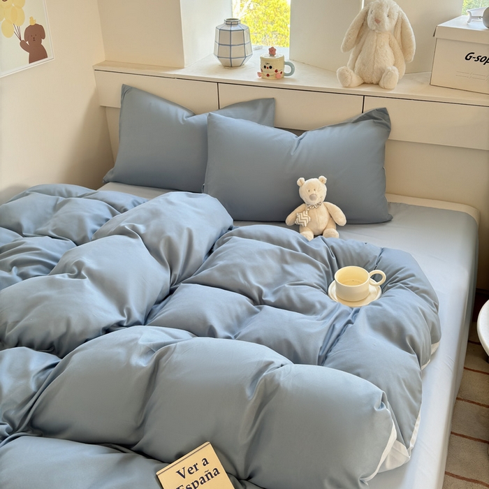 91家纺网 家纺一手货源 找家纺 可可家纺 2025新款ins风纯色磨毛简约水洗棉四件套亲肤床单被套三件套 月光雾蓝