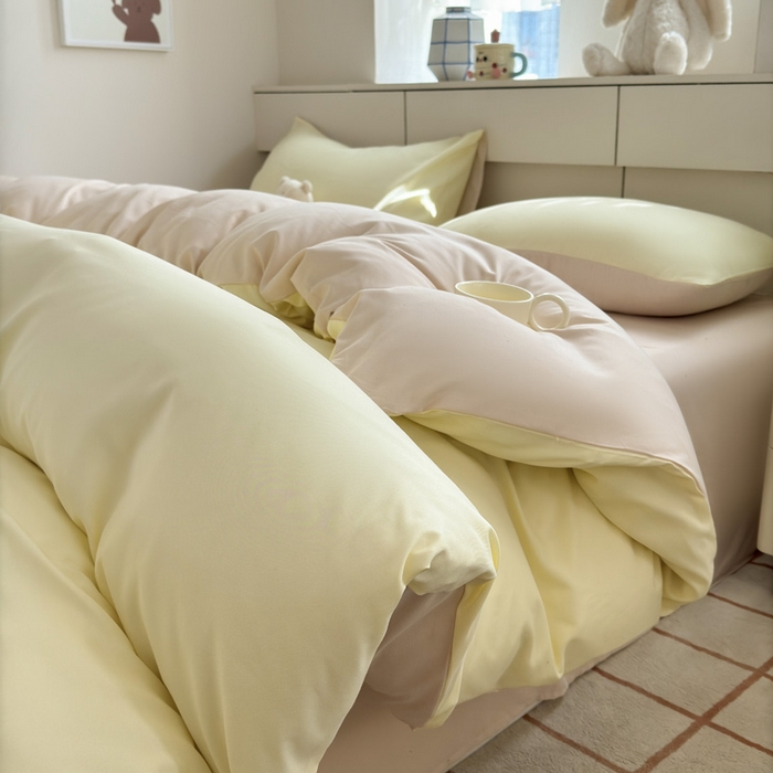 91家纺网 家纺一手货源 找家纺 可可家纺 2025新款ins风纯色磨毛简约水洗棉四件套亲肤床单被套三件套 芝士奶茶