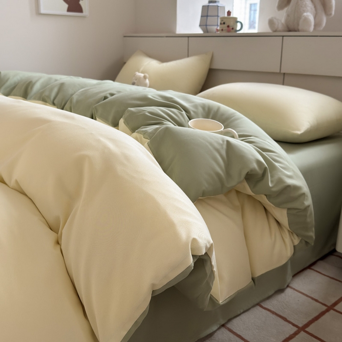 91家纺网 家纺一手货源 找家纺 可可家纺 2025新款ins风纯色磨毛简约水洗棉四件套亲肤床单被套三件套 芝士嫩绿