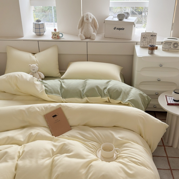 91家纺网 家纺一手货源 找家纺 可可家纺 2025新款ins风纯色磨毛简约水洗棉四件套亲肤床单被套三件套 芝士嫩绿