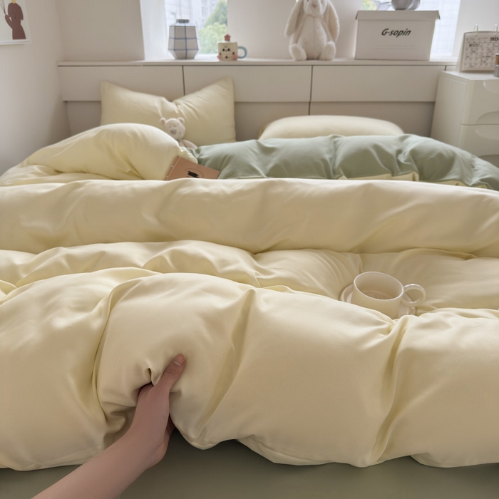 91家纺网 家纺一手货源 找家纺 可可家纺 2025新款ins风纯色磨毛简约水洗棉四件套亲肤床单被套三件套 芝士嫩绿