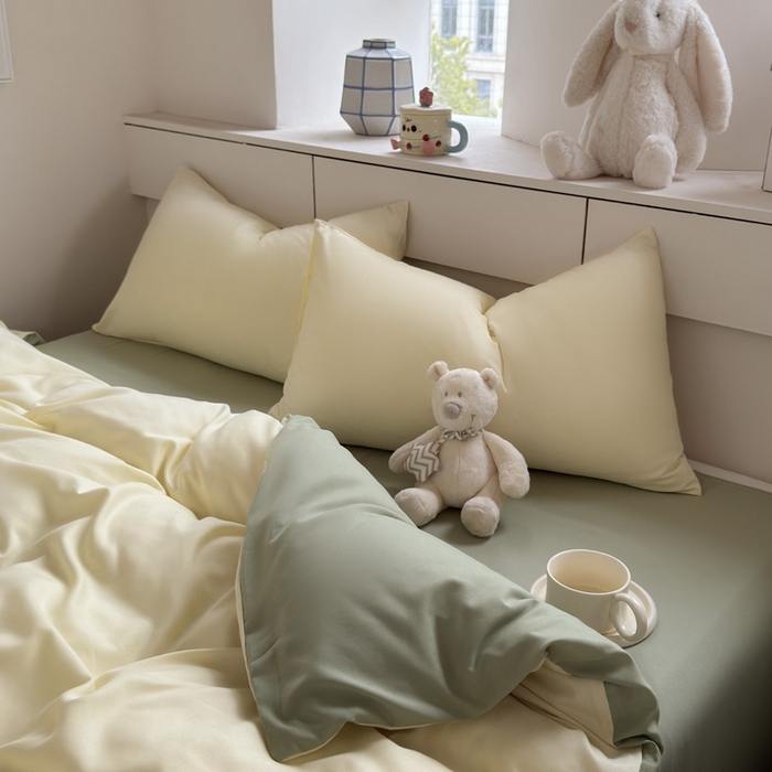 91家纺网 家纺一手货源 找家纺 可可家纺 2025新款ins风纯色磨毛简约水洗棉四件套亲肤床单被套三件套 芝士嫩绿