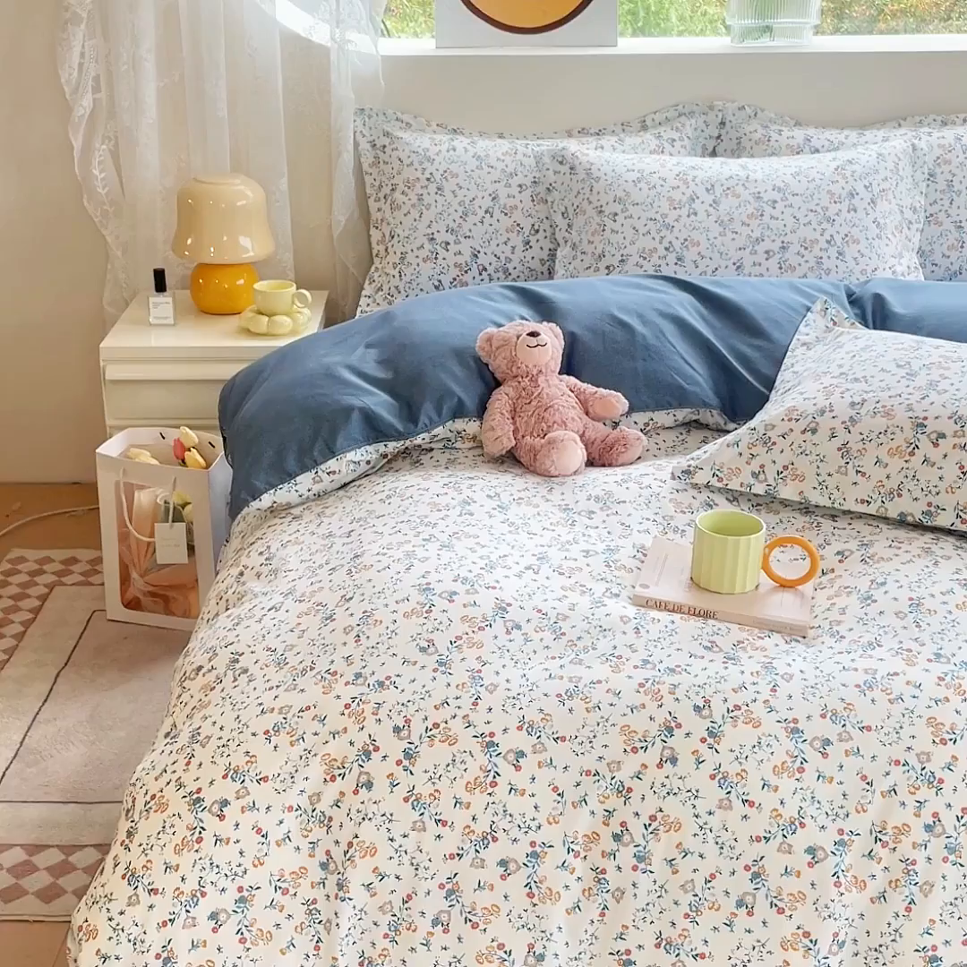 91家纺网 家纺一手货源 找家纺 布可家纺 2025新款水洗棉印花四件套系列 花开朵朵