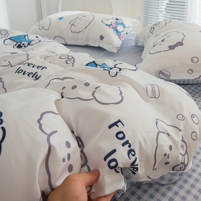 91家纺网 家纺一手货源 找家纺 布可家纺 2025新款水洗棉印花四件套系列 蓝格冰淇淋狗