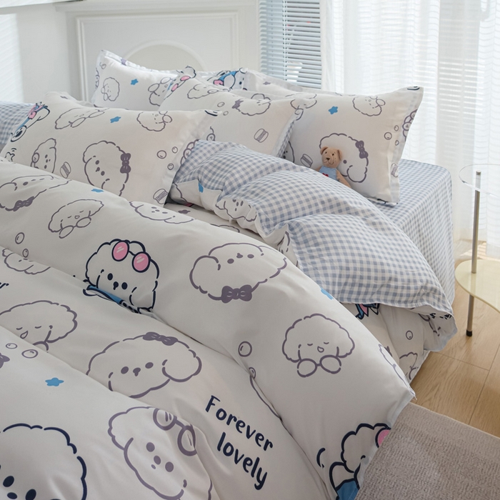 91家纺网 家纺一手货源 找家纺 布可家纺 2025新款水洗棉印花四件套系列 蓝格冰淇淋狗