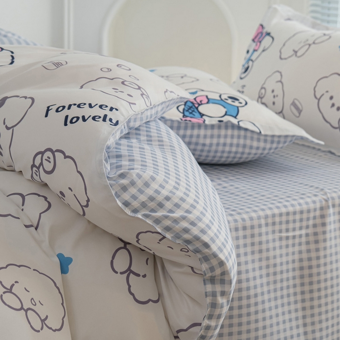 91家纺网 家纺一手货源 找家纺 布可家纺 2025新款水洗棉印花四件套系列 蓝格冰淇淋狗