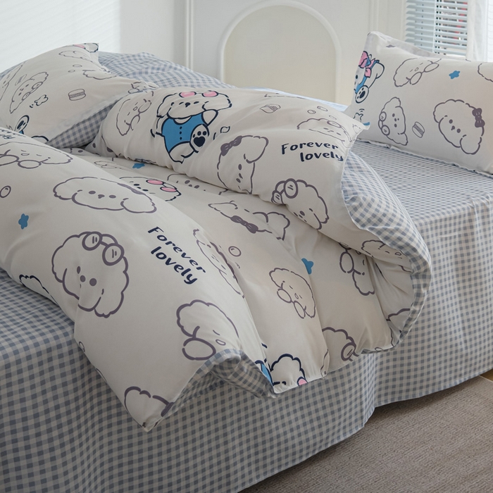 91家纺网 家纺一手货源 找家纺 布可家纺 2025新款水洗棉印花四件套系列 蓝格冰淇淋狗