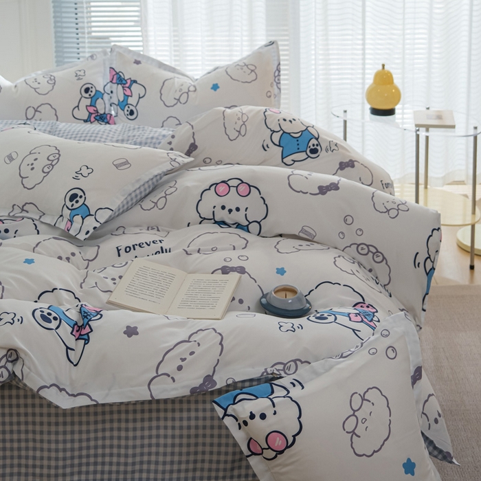 91家纺网 家纺一手货源 找家纺 布可家纺 2025新款水洗棉印花四件套系列 蓝格冰淇淋狗