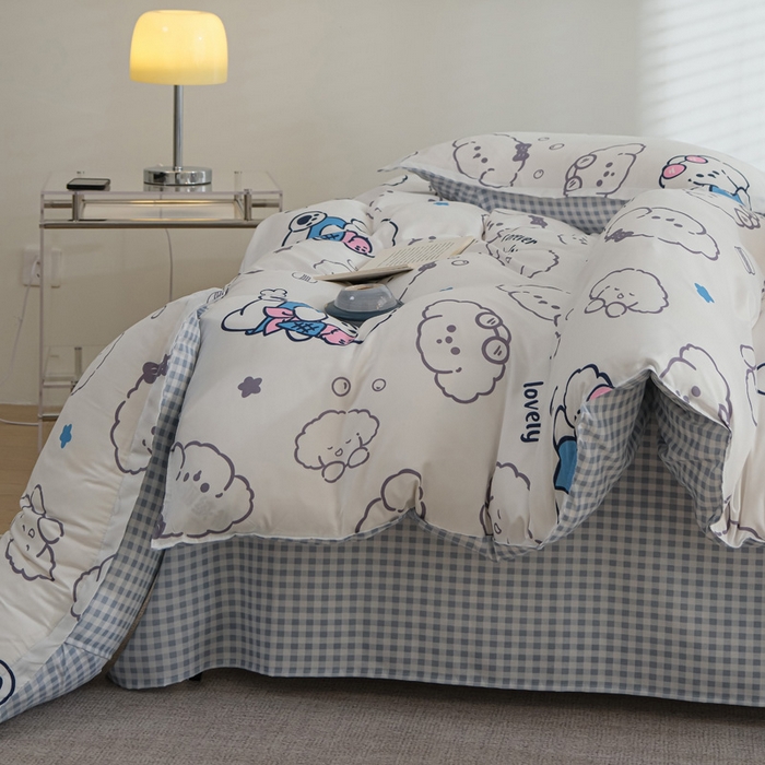 91家纺网 家纺一手货源 找家纺 布可家纺 2025新款水洗棉印花四件套系列 蓝格冰淇淋狗