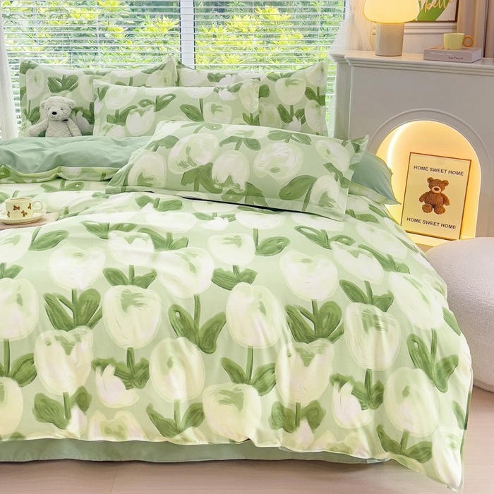 91家纺网 家纺一手货源 找家纺 布可家纺 2025新款水洗棉印花四件套系列 梨花绿