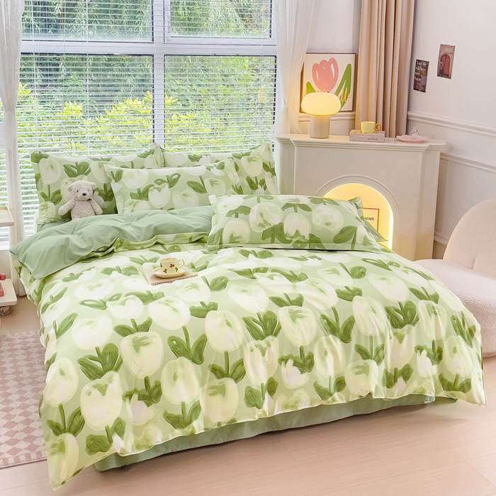 91家纺网 家纺一手货源 找家纺 布可家纺 2025新款水洗棉印花四件套系列 梨花绿