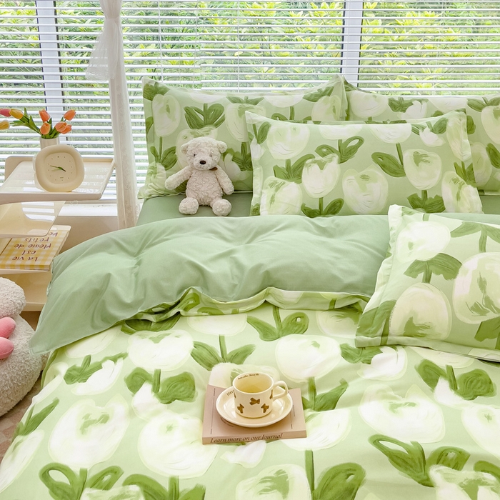 91家纺网 家纺一手货源 找家纺 布可家纺 2025新款水洗棉印花四件套系列 梨花绿