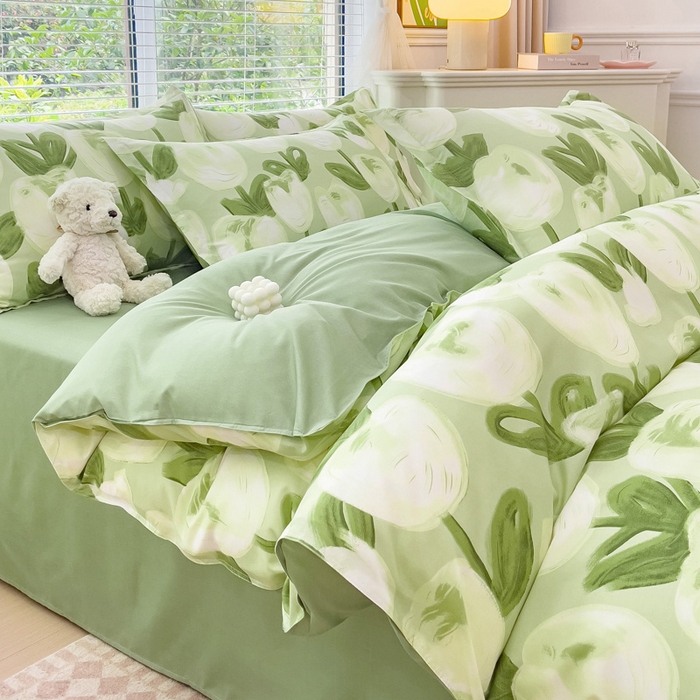 91家纺网 家纺一手货源 找家纺 布可家纺 2025新款水洗棉印花四件套系列 梨花绿