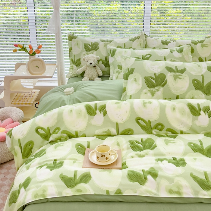 91家纺网 家纺一手货源 找家纺 布可家纺 2025新款水洗棉印花四件套系列 梨花绿