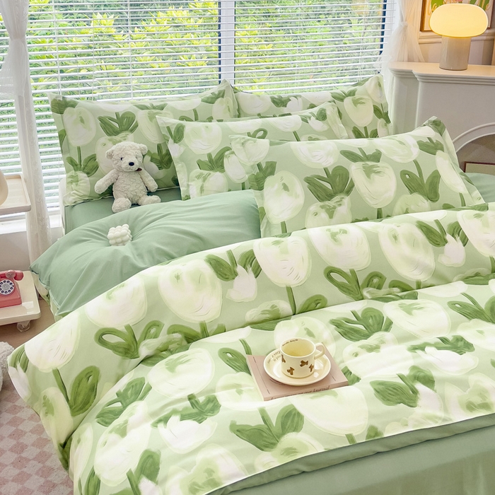 91家纺网 家纺一手货源 找家纺 布可家纺 2025新款水洗棉印花四件套系列 梨花绿