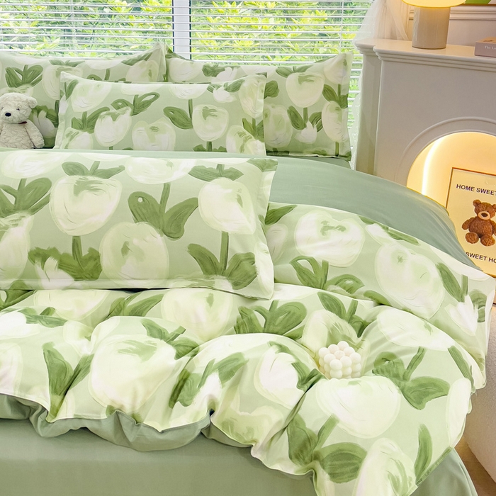 91家纺网 家纺一手货源 找家纺 布可家纺 2025新款水洗棉印花四件套系列 梨花绿