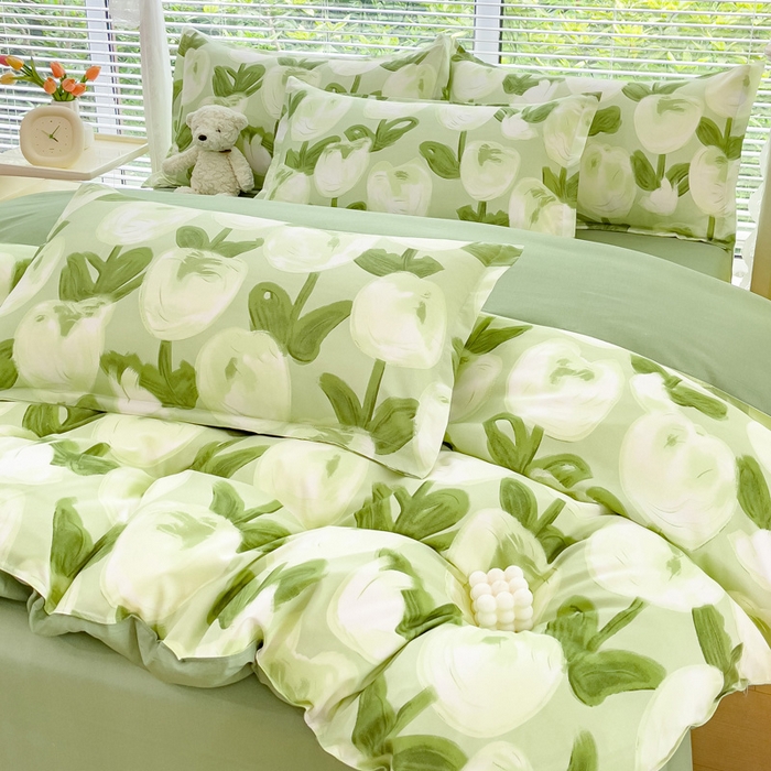 91家纺网 家纺一手货源 找家纺 布可家纺 2025新款水洗棉印花四件套系列 梨花绿