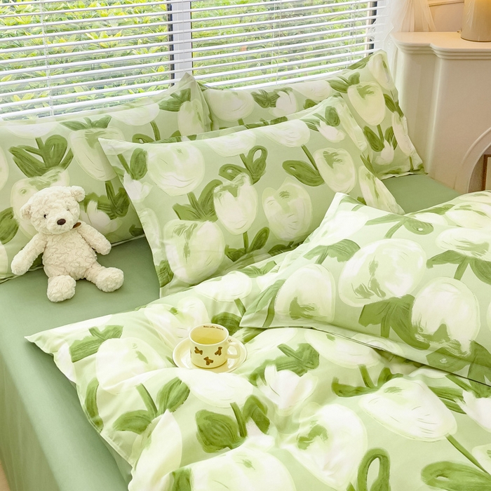 91家纺网 家纺一手货源 找家纺 布可家纺 2025新款水洗棉印花四件套系列 梨花绿