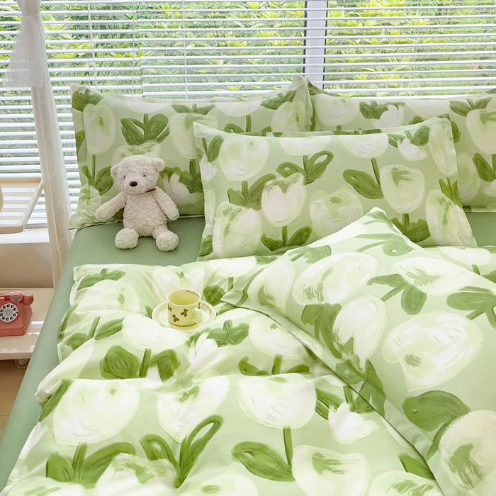 91家纺网 家纺一手货源 找家纺 布可家纺 2025新款水洗棉印花四件套系列 梨花绿