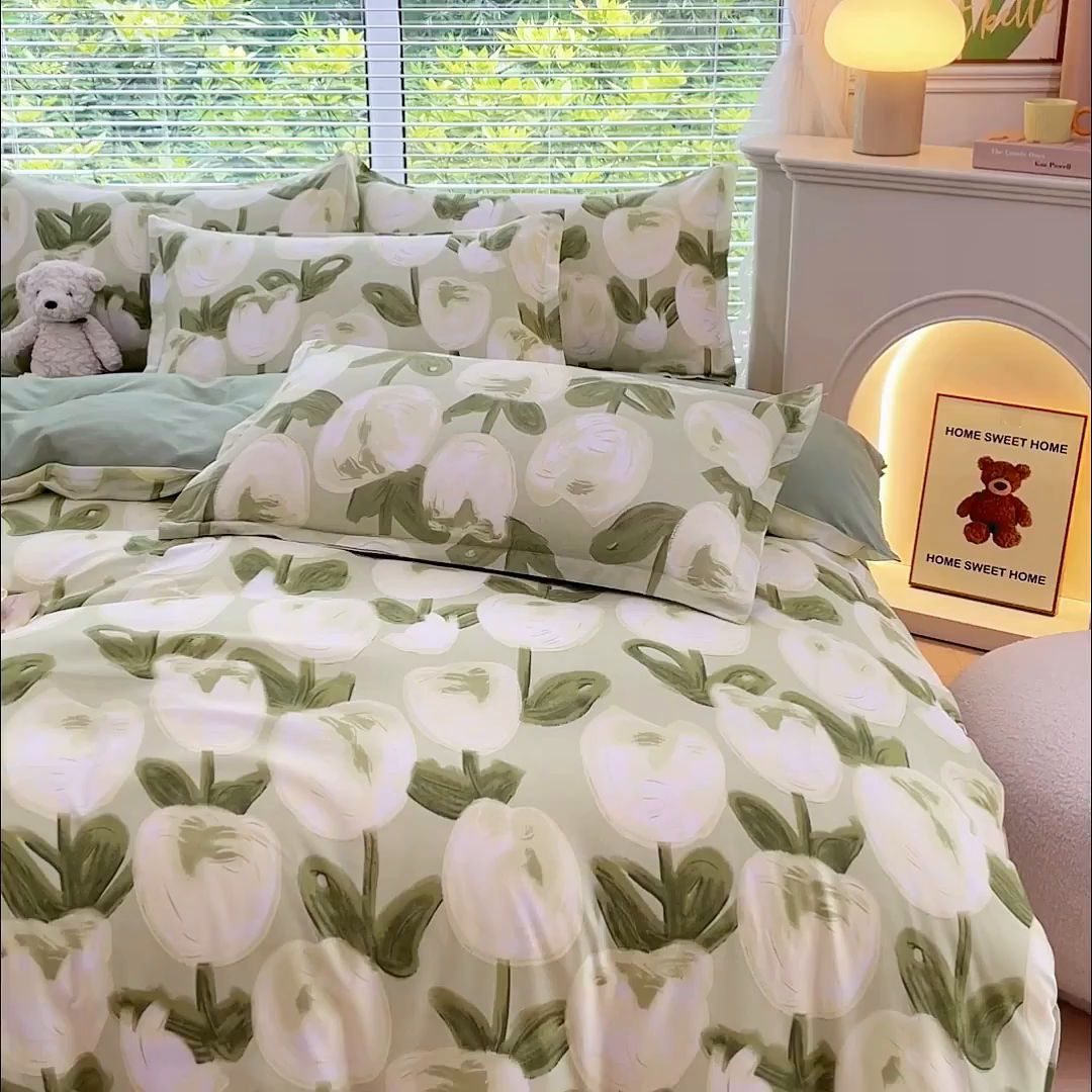 91家纺网 家纺一手货源 找家纺 布可家纺 2025新款水洗棉印花四件套系列 梨花绿