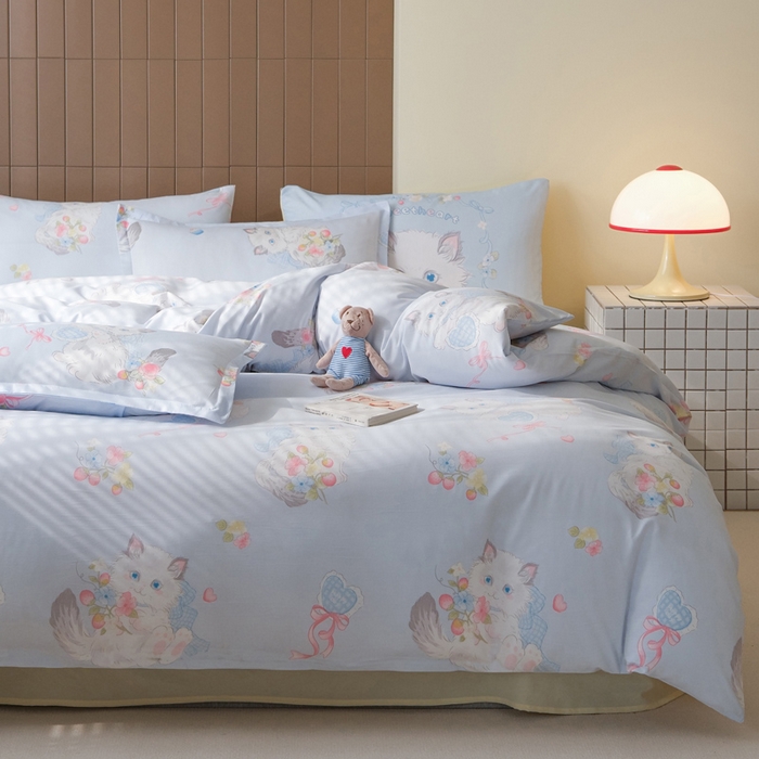 91家纺网 家纺一手货源 找家纺 布可家纺 2025新款水洗棉印花四件套系列 萝莉猫