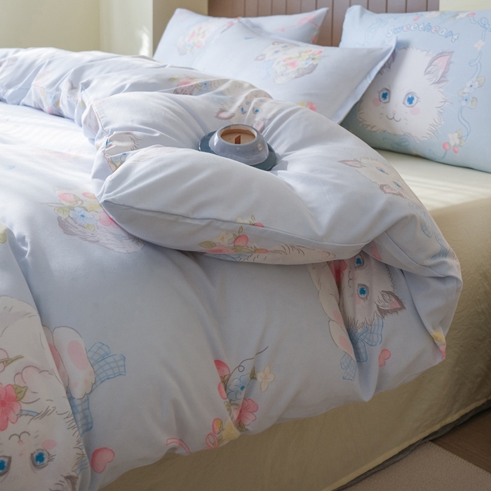 91家纺网 家纺一手货源 找家纺 布可家纺 2025新款水洗棉印花四件套系列 萝莉猫