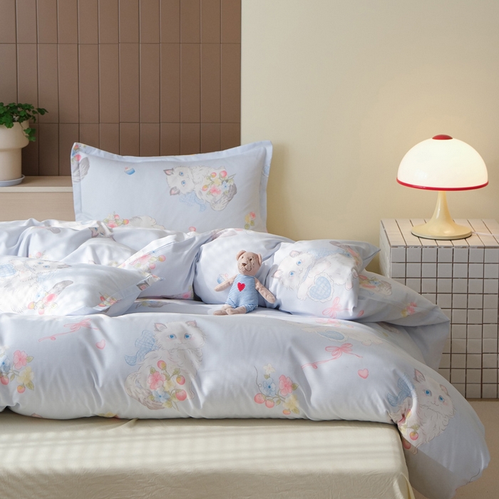 91家纺网 家纺一手货源 找家纺 布可家纺 2025新款水洗棉印花四件套系列 萝莉猫