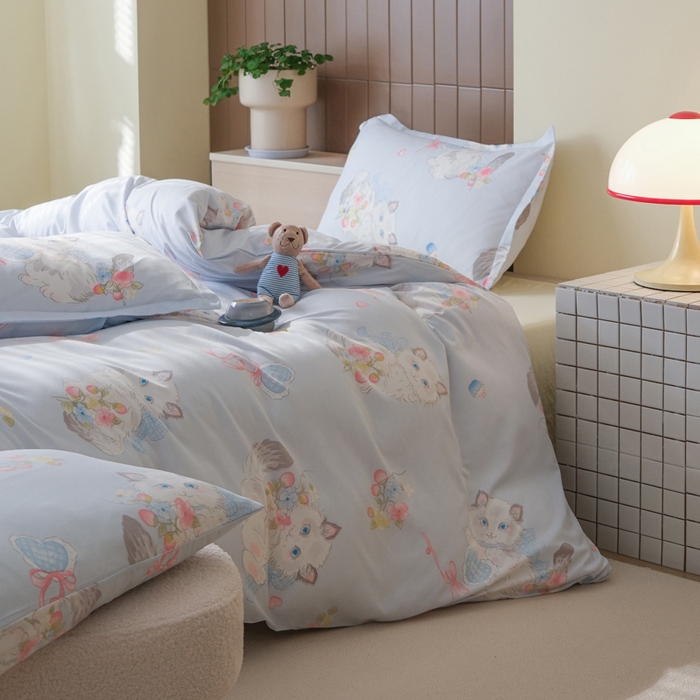 91家纺网 家纺一手货源 找家纺 布可家纺 2025新款水洗棉印花四件套系列 萝莉猫