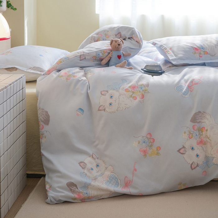 91家纺网 家纺一手货源 找家纺 布可家纺 2025新款水洗棉印花四件套系列 萝莉猫