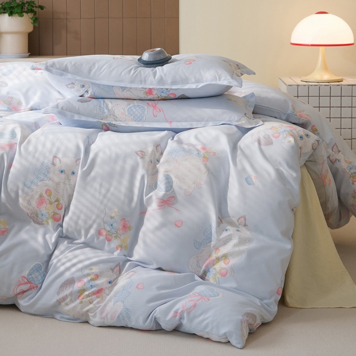 91家纺网 家纺一手货源 找家纺 布可家纺 2025新款水洗棉印花四件套系列 萝莉猫