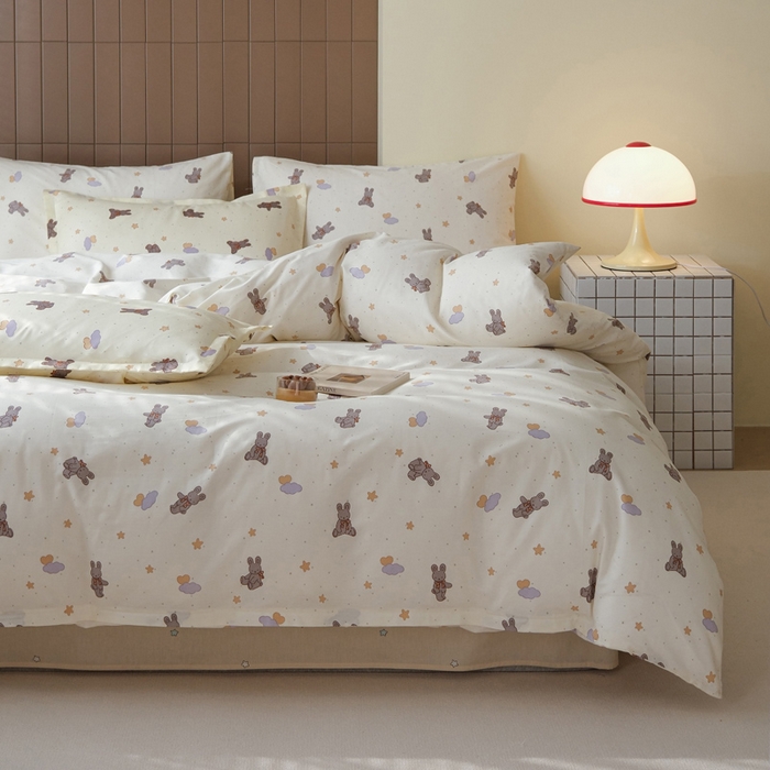 91家纺网 家纺一手货源 找家纺 布可家纺 2025新款水洗棉印花四件套系列 兔兔星愿