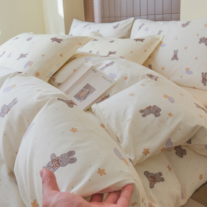 91家纺网 家纺一手货源 找家纺 布可家纺 2025新款水洗棉印花四件套系列 兔兔星愿